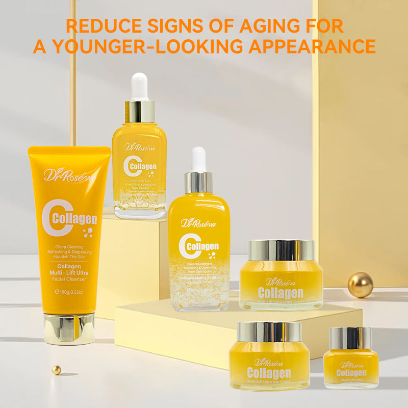 Collagen skincare set with yellow serum bottles and cream tube