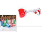 Automatic foldable pet pooper scooper with red waste bag hopper and white handle