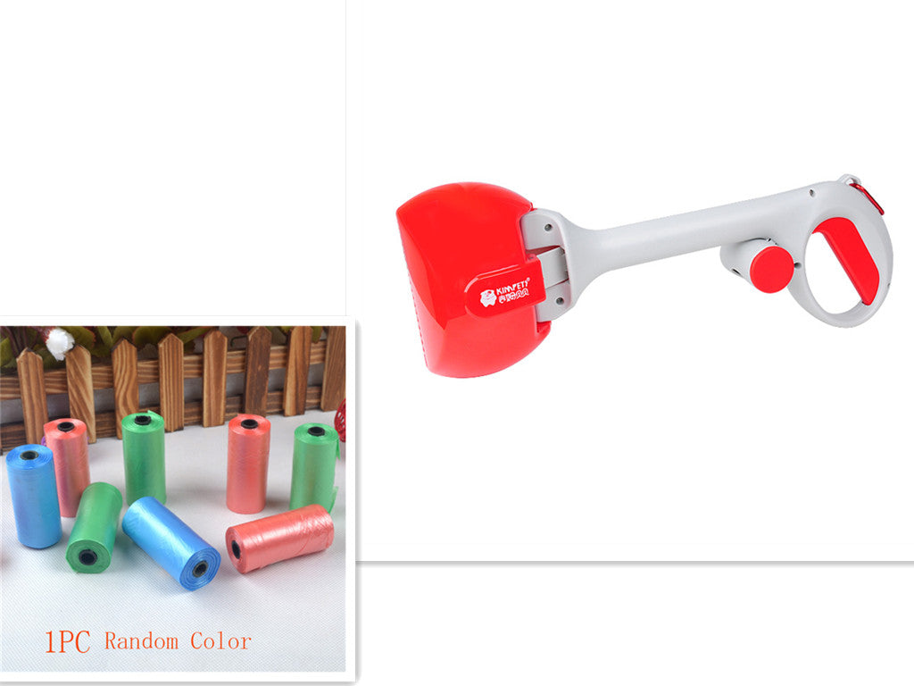 Automatic foldable pet pooper scooper with red waste bag hopper and white handle