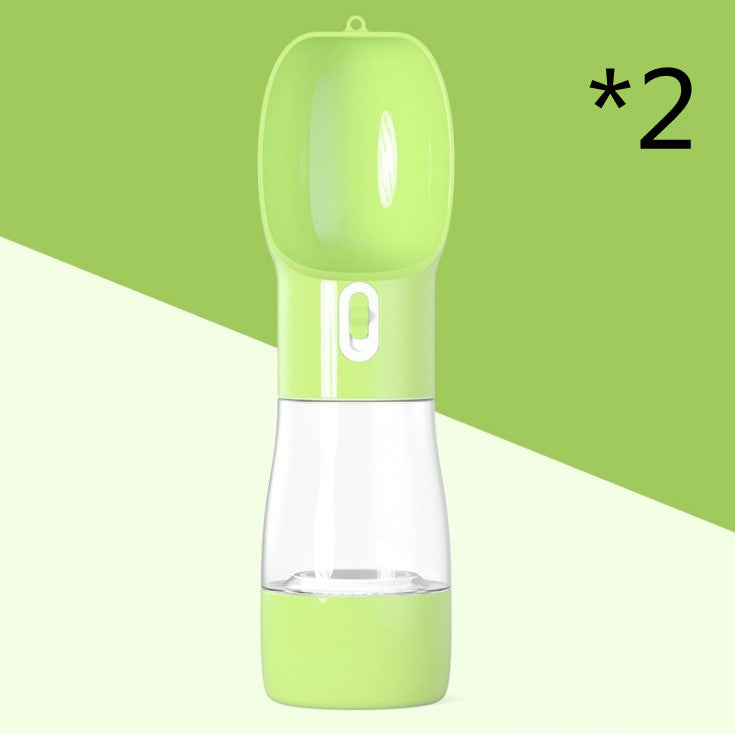 Green 2-in-1 dog water and food bottle with drinking cap and base