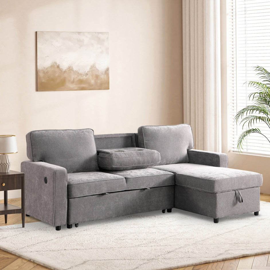 Sofá Seccional Tapizado GREY Con Cama Y Espacio De Almacenamiento, Puerto USB, 2 Portavasos En Cojines Traseros
