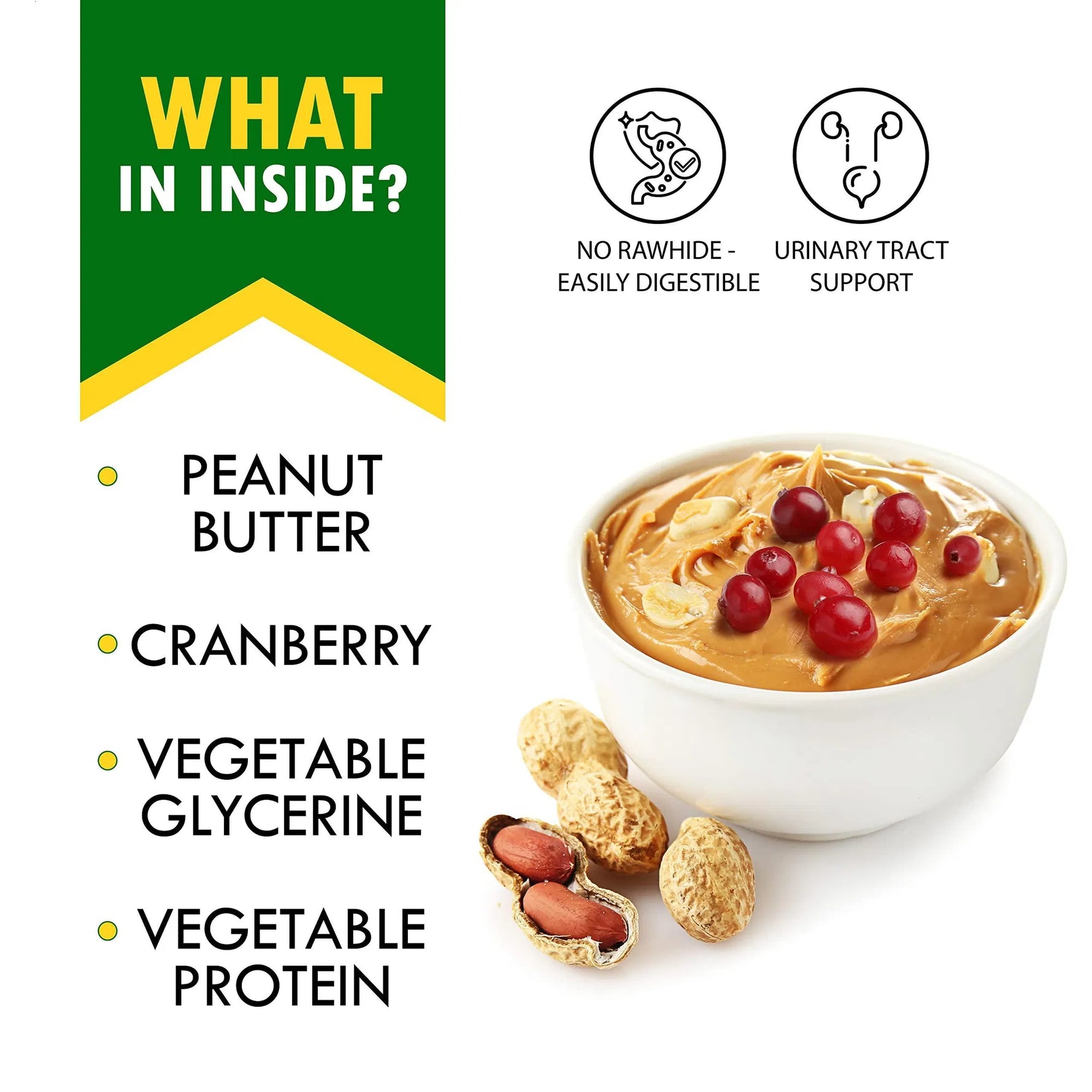 Peanut butter with cranberries in a white bowl and bones, with no rawhide icon