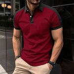 Men's short-sleeve polo shirt, deep red with black collar and sleeve trim