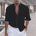 Men's casual cotton button-up shirt, black, V-neck placket, 3/4 sleeves