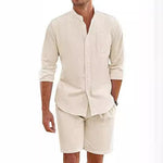 Long-sleeve button shirt and shorts set, cream with chest pocket and button front