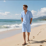 Light blue linen short-sleeve shirt and matching shorts set with open V-neck collar