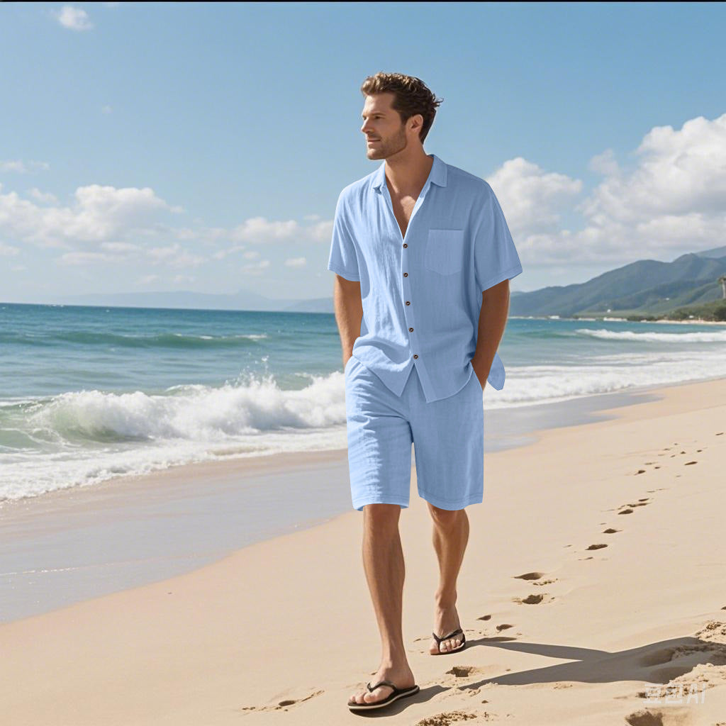 Light blue linen short-sleeve shirt and matching shorts set with open V-neck collar