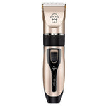 Rechargeable pet hair clipper with gold trimmer head, black grip, and ON/OFF button