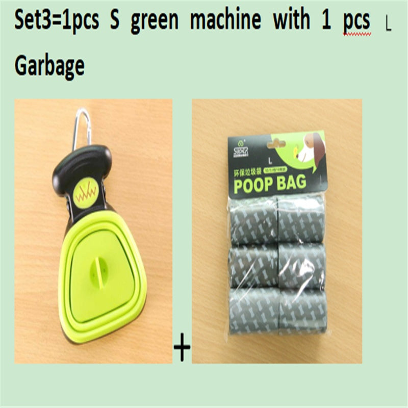 Green foldable dog pooper scooper and small black waste bag pack