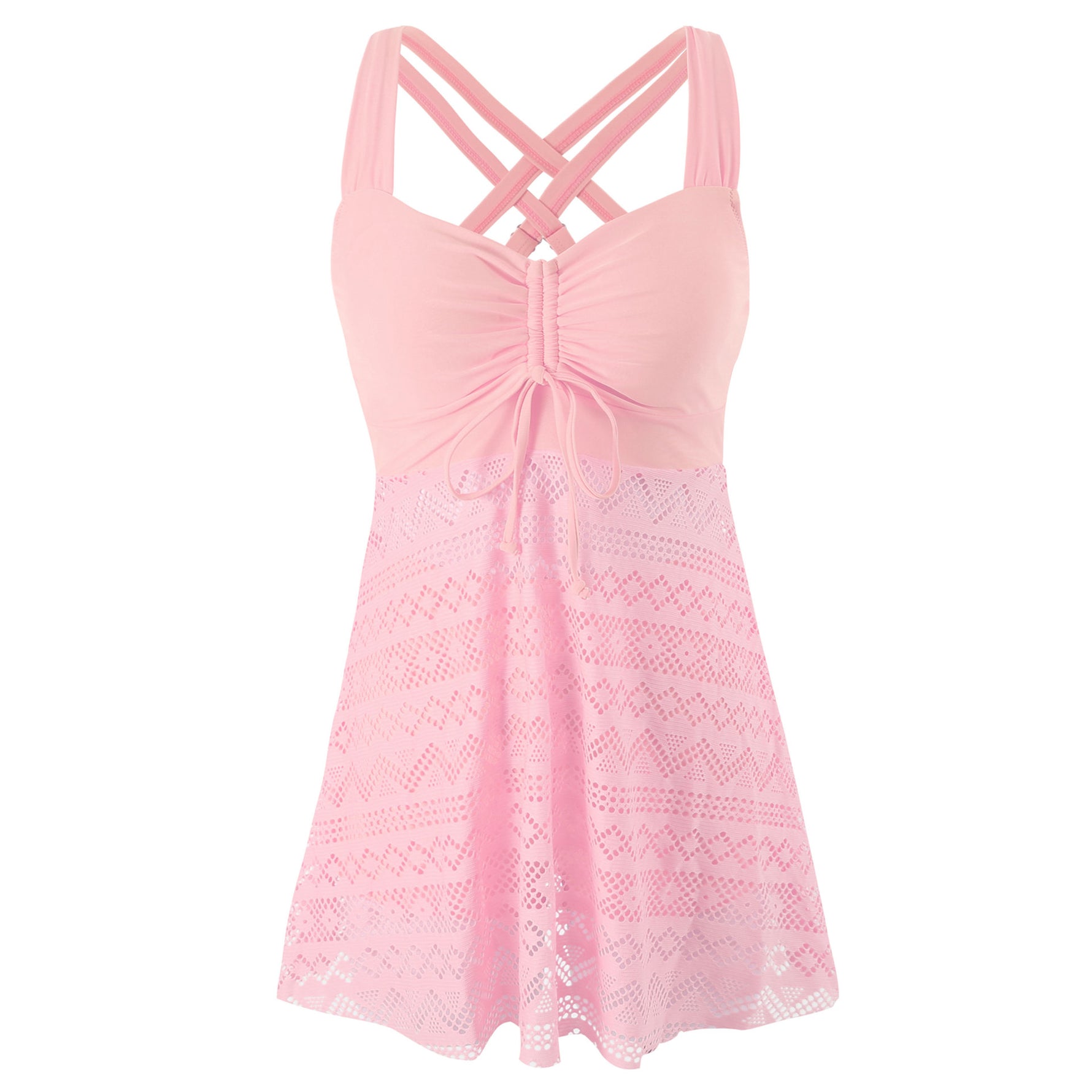 Light pink one-piece swimsuit with crisscross back straps and lace overlay skirt