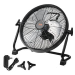 Black VEVOR cordless floor fan front view with metal grille and arched stand