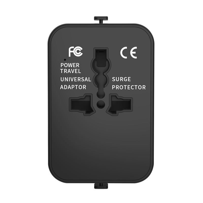 Black universal travel adapter with surge protector and universal plug outlets