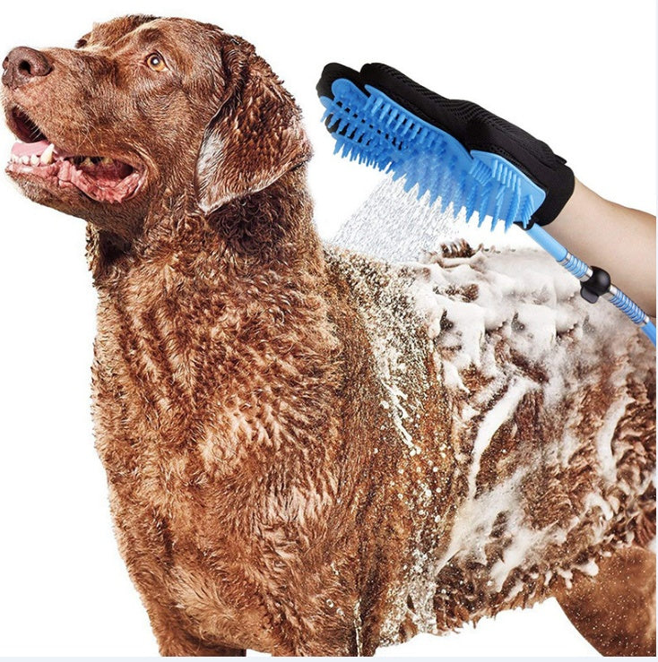 Handheld pet shower sprayer with blue silicone brush head and black wrist strap