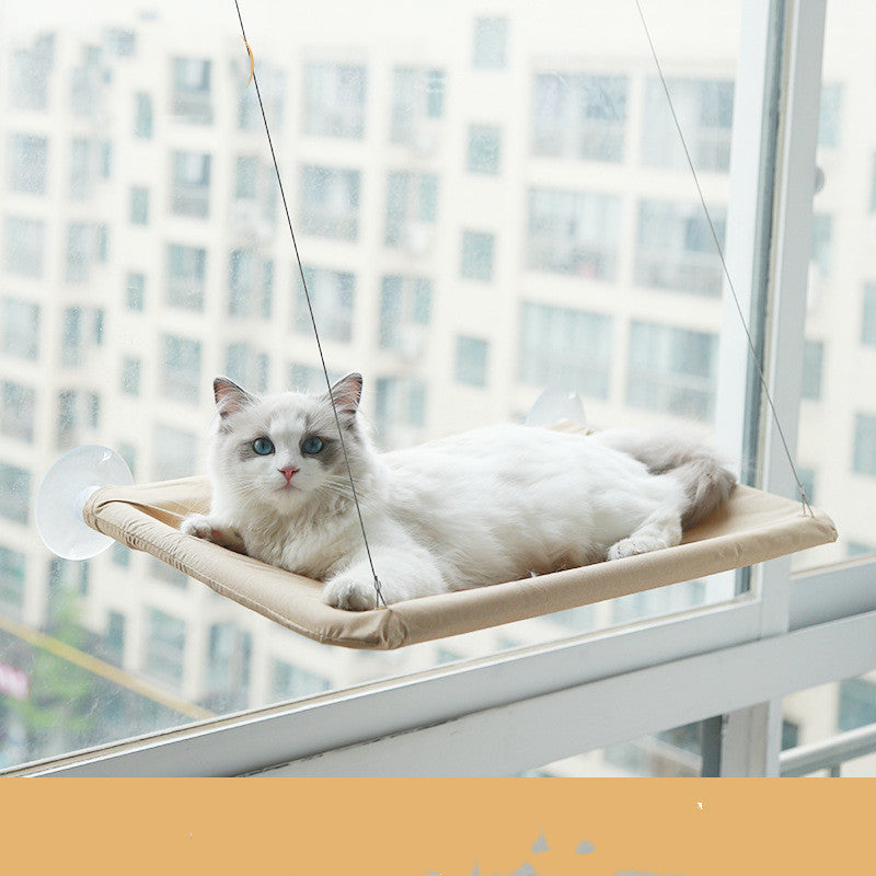 Cat window hammock perch with suction cups, beige cushion, white cat lying down