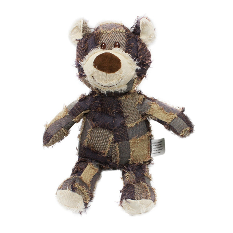Bear-shaped dog plush toy, brown with stitched smile and large round nose