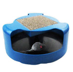 Cat interactive toy with light blue base and tan scratch mat insert