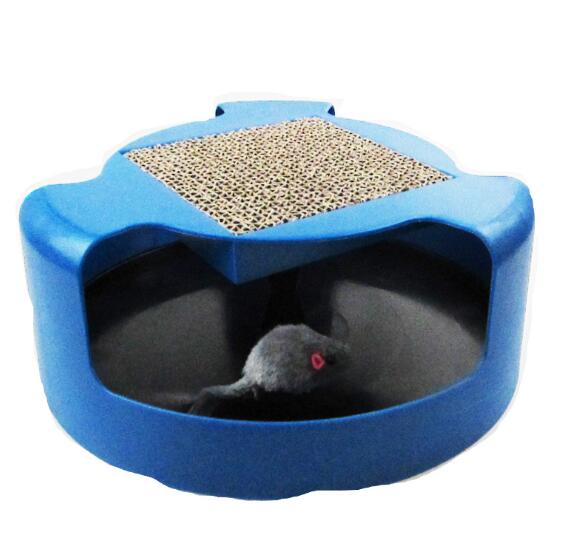 Cat interactive toy with light blue base and tan scratch mat insert