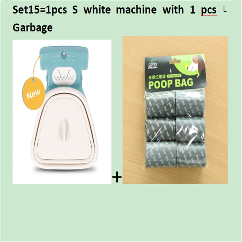 White-and-blue foldable dog poop scooper with black top, includes poop bag pack.