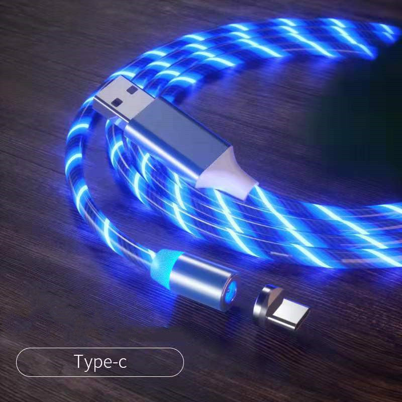 LED magnetic charging cable with USB-A and Micro USB connector, blue glowing braid