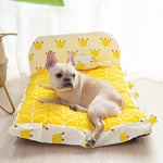 Small teddy pet bed with crown and circle print, yellow top cushion, raised sides