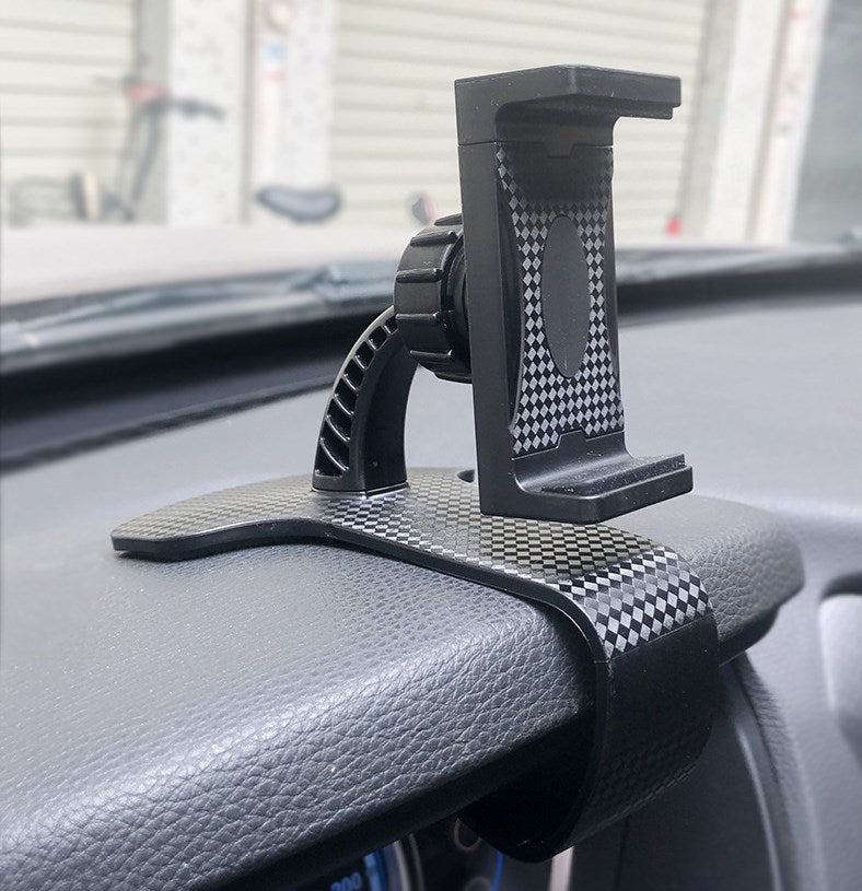 Car dashboard phone holder clip with textured patterned base and vertical phone mount