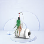 Interactive cat toy robot with feather wand and round pedestal base