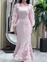 Floral Fishtail Dress by [Brand Name] - Elegant Long Sleeve with Stunning Flower Embellishments