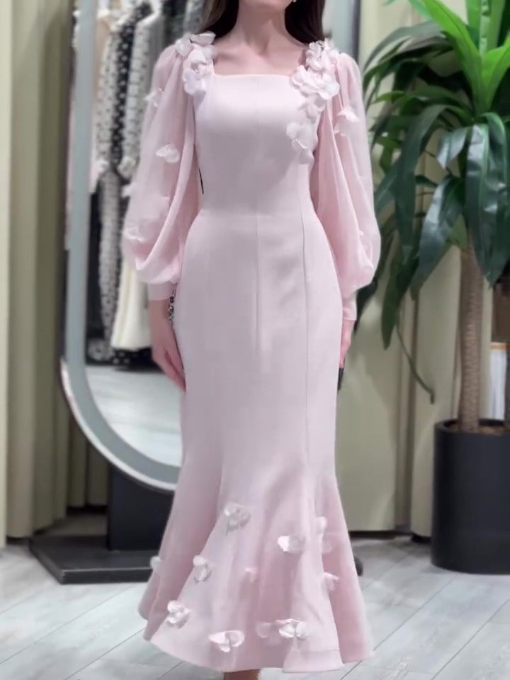 Floral Fishtail Dress by [Brand Name] - Elegant Long Sleeve with Stunning Flower Embellishments