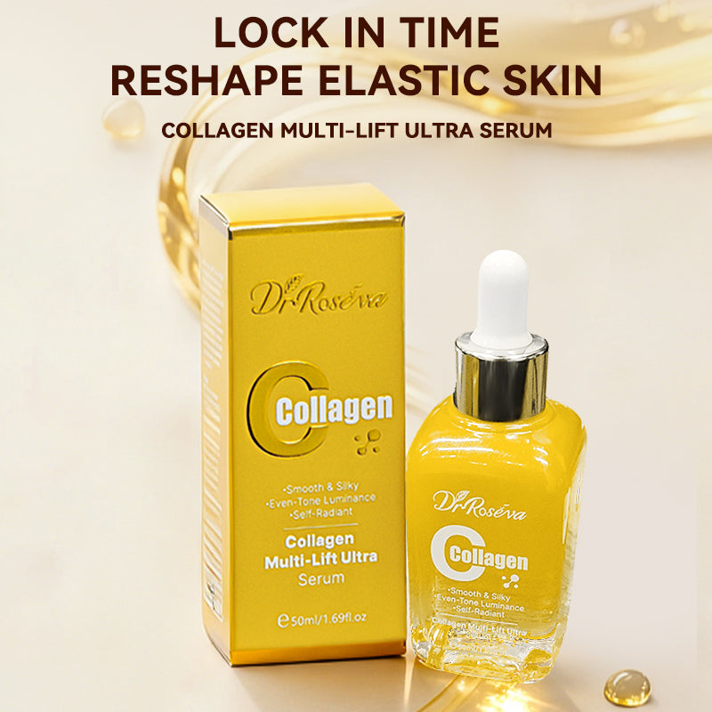 Yellow collagen face serum box beside bottle with white dropper, DR.Roséva
