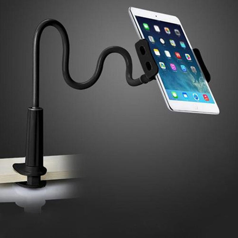 Black flexible phone and tablet stand with spiral arm and adjustable cradle
