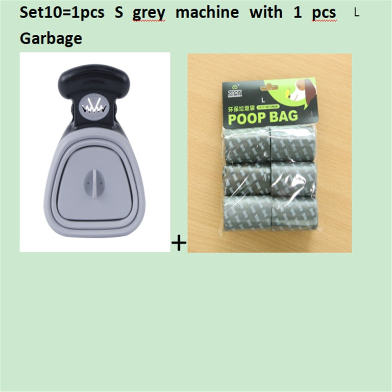 Grey foldable dog poop scooper with black top, includes poop bag pack.