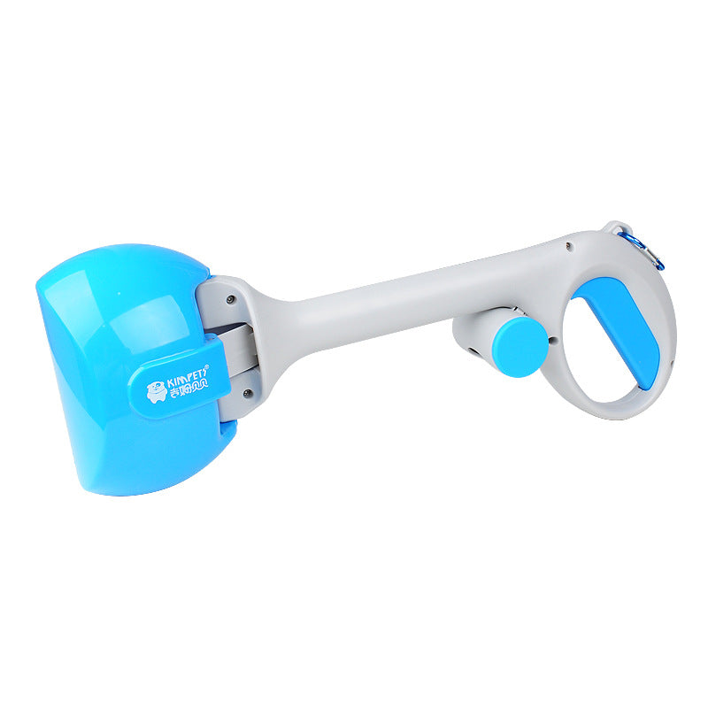 Automatic foldable pet waste scooper with light blue bin and blue release button