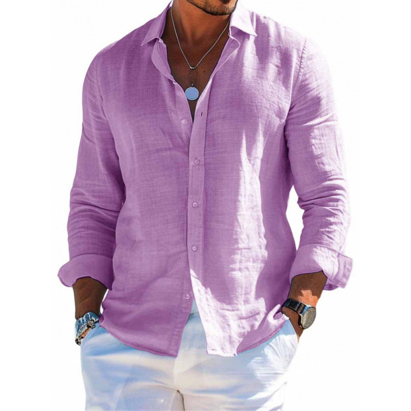 Men's long-sleeve button-up shirt, purple, lapel collar, solid button front
