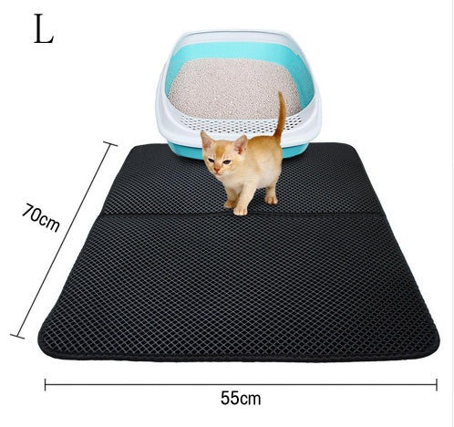 Double-layer cat litter mat, dark textured surface with cat litter tray and kitten on top