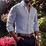 Men's striped button-up shirt, spread collar, long sleeves, vertical blue-and-white stripes