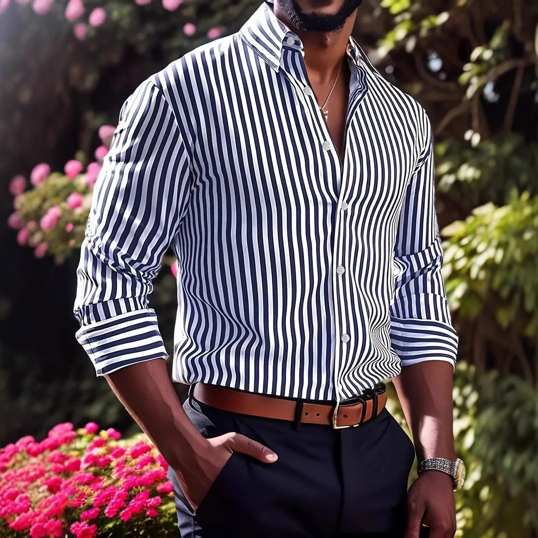 Men's striped button-up shirt, spread collar, long sleeves, vertical blue-and-white stripes