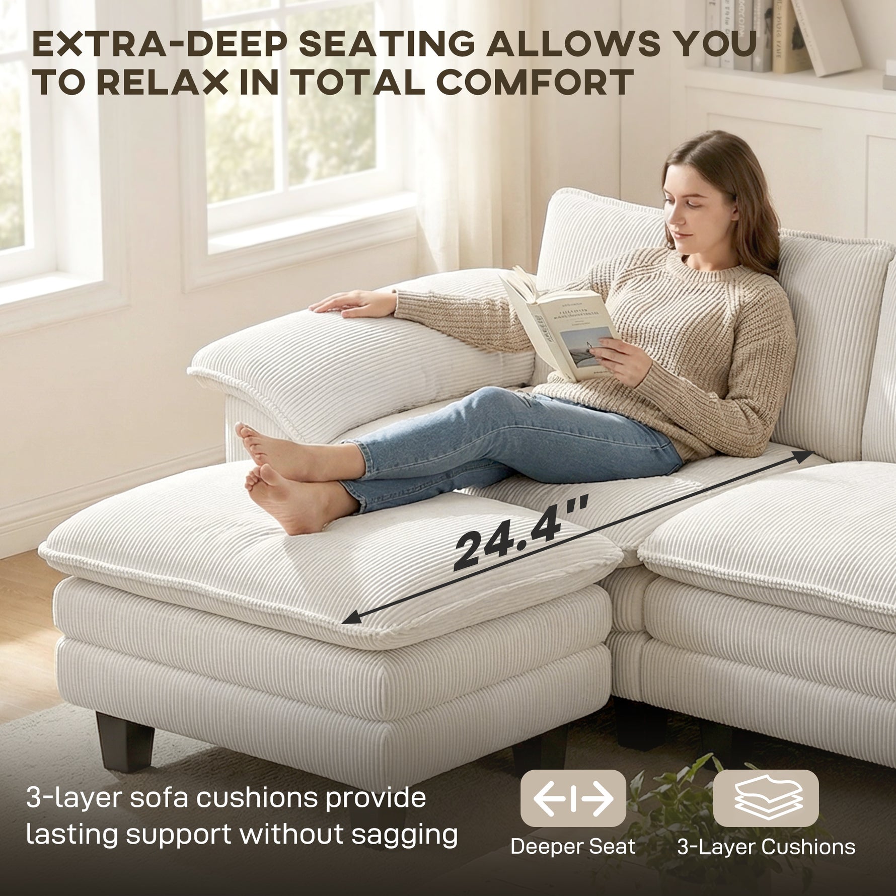 Sectional Sofa, L Shaped Couch with Deep Seat, Movable Ottoman and Pillow-top Armrests, Beige