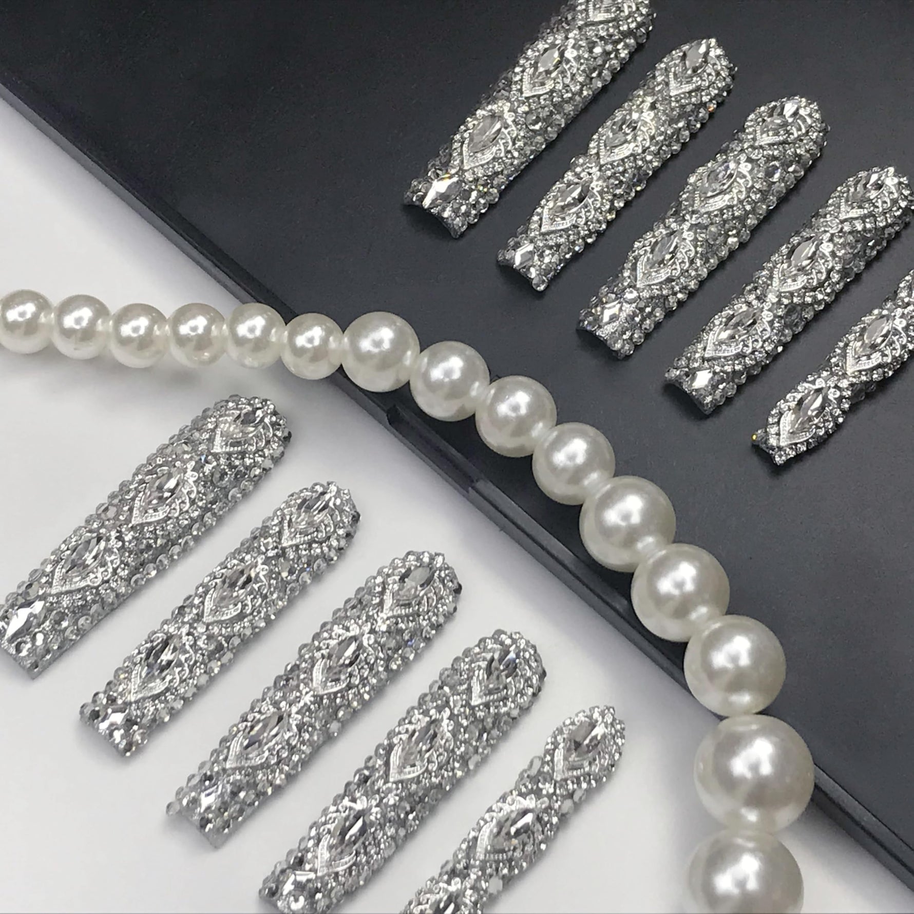 Long press-on nails, silver rhinestone 3D crystal full coverage set