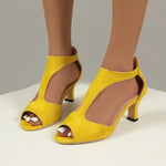 Yellow high-heel open-toe sandals with fish-mouth cutout and ankle strap