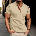 Khaki henley polo T-shirt with short sleeves, 3-button placket and chest pocket
