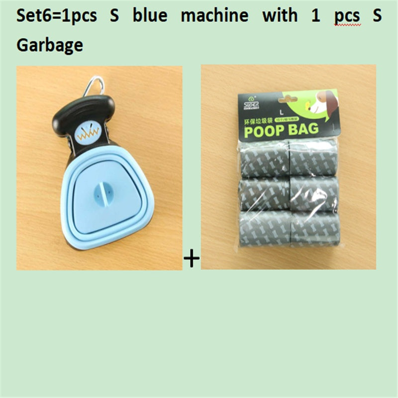 Blue foldable dog pooper scooper with black waste bag pack
