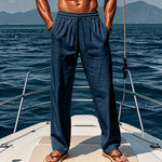 Navy cotton-linen loose trousers with elastic waistband, mid rise