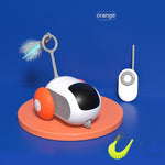 Interactive cat chase car toy with orange base, white/black body, antenna remote, feather brushes