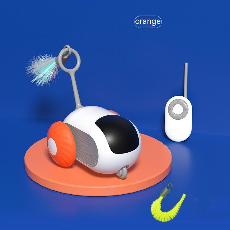 Interactive cat chase car toy with orange base, white/black body, antenna remote, feather brushes