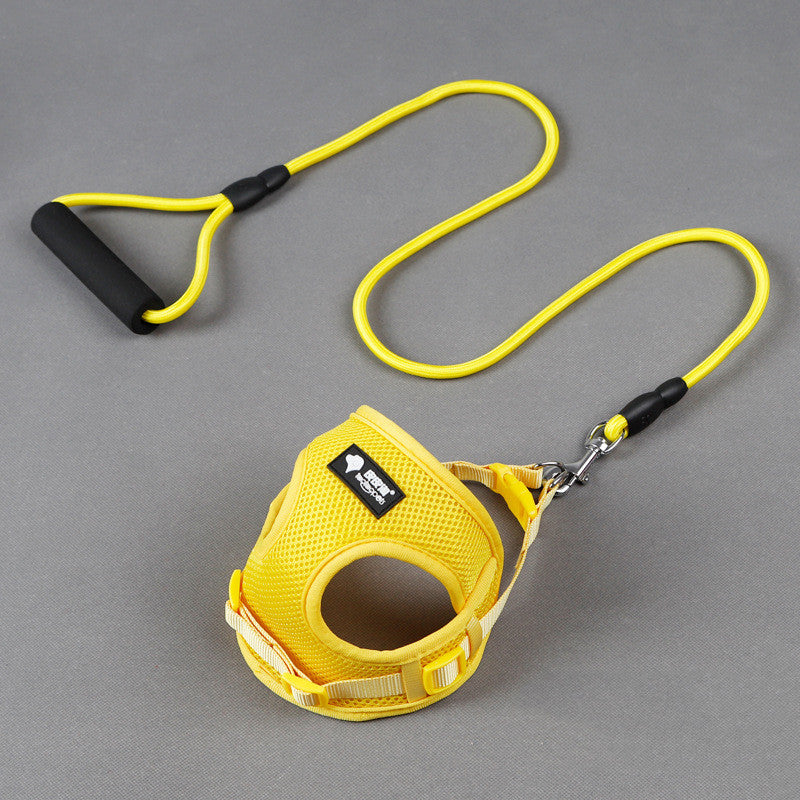 Mesh dog harness and leash set with foam handle, yellow straps and black clips