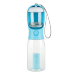 3-in-1 portable dog water bottle in blue with mesh strainer cup and measurement marks