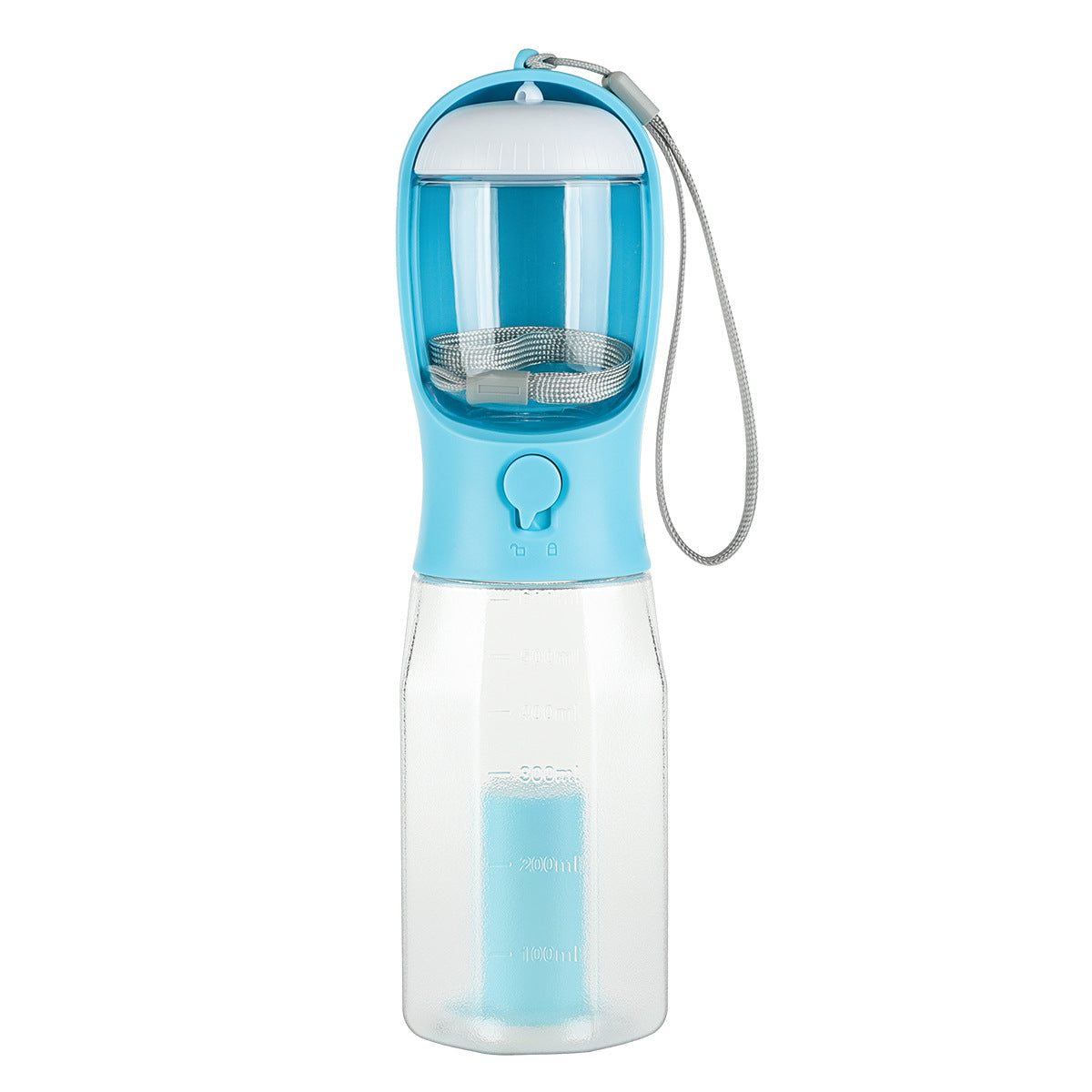 3-in-1 portable dog water bottle in blue with mesh strainer cup and measurement marks
