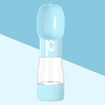 Blue 2-in-1 dog water and food bottle, clear flip-top lid and translucent base