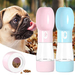 Pink and blue 2-in-1 dog water and food bottle with dispenser lids