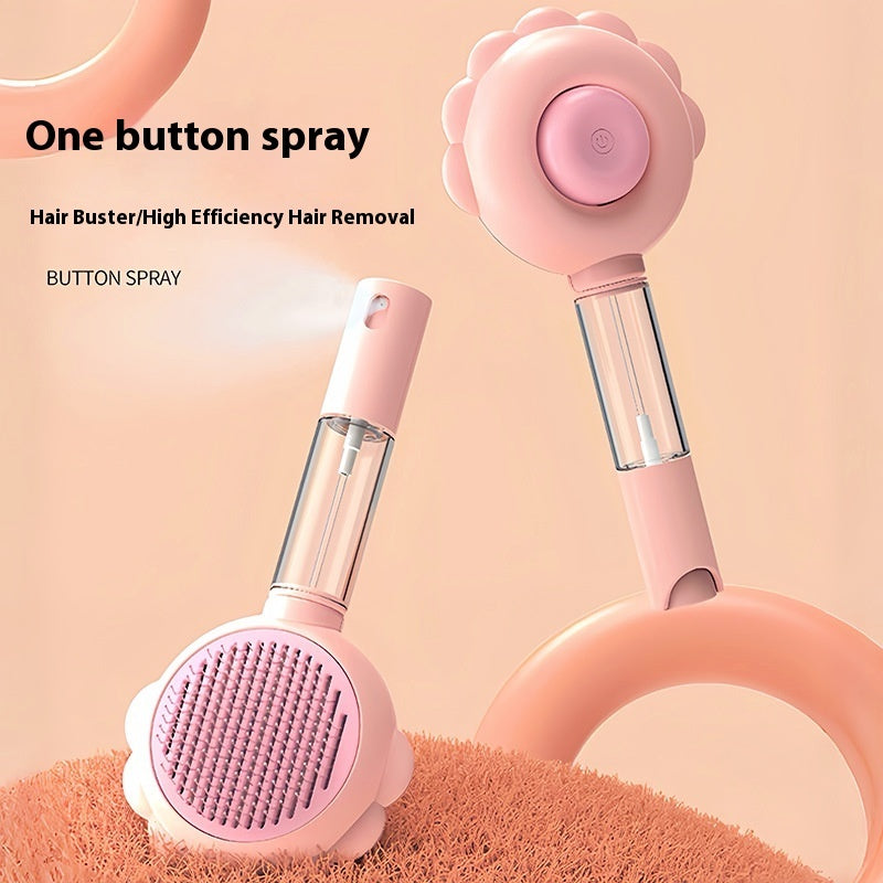 Pet spray comb with pink flower-shaped handle and spray nozzle, one-button design
